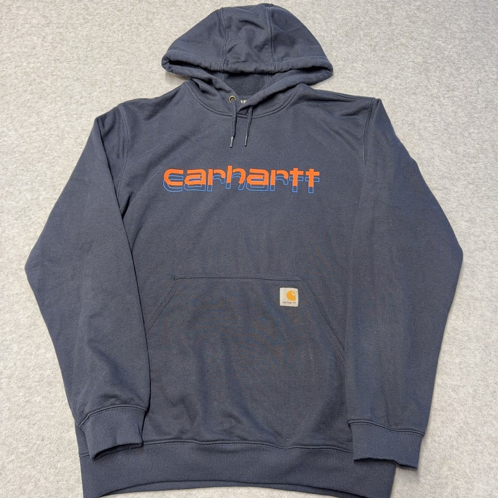 Carhartt Hoodie Mens Medium Blue Rain Defender Loose Fit Fleece Pullover Graphic